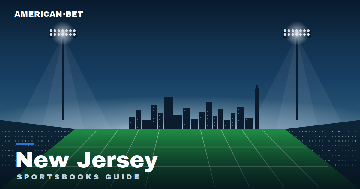 Floodlit stadium at dusk with the New Jersey skyline — American Bet's guide to the best New Jersey sportsbooks, betting apps and promos.