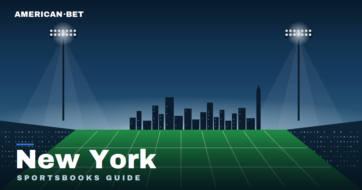 Floodlit stadium at dusk with the New York skyline — American Bet's guide to the best New York sportsbooks, betting apps and promos.