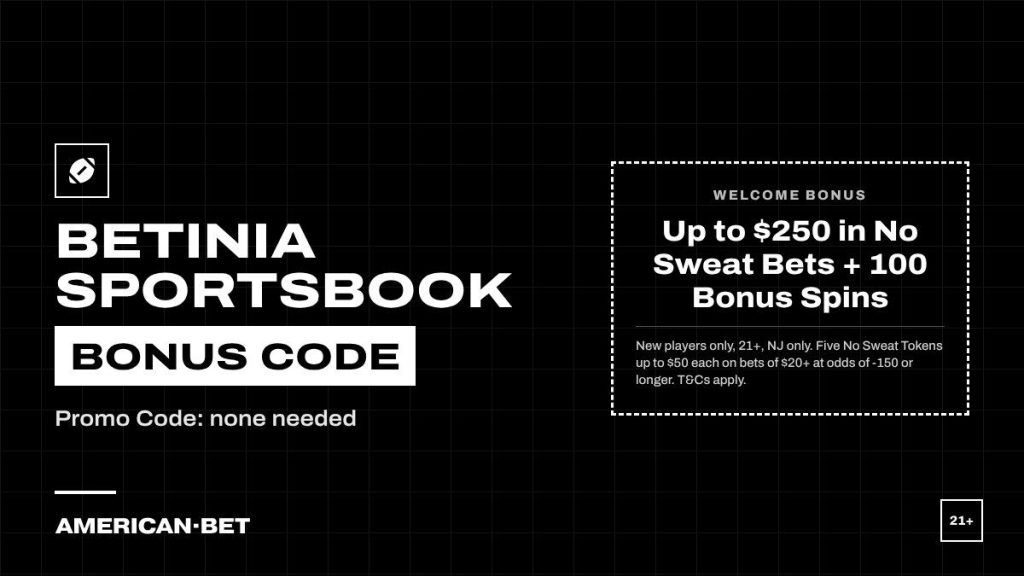Betinia Sportsbook bonus code card: Up to $250 in No Sweat Bets + 100 Bonus Spins. Promo Code none needed; 21+, terms apply