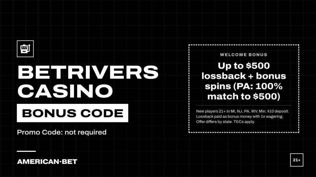 BetRivers Casino bonus code card: Up to $500 lossback + bonus spins (PA: 100% match to $500). Promo Code none needed; 21+, terms apply