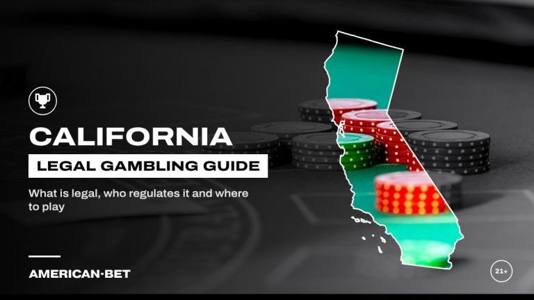 California gambling laws and legal betting guide: red and green chips on a blackjack table, framed by an outline map of California