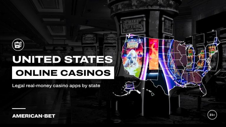 US online casinos: rows of illuminated slot machines, with an outline map of the United States