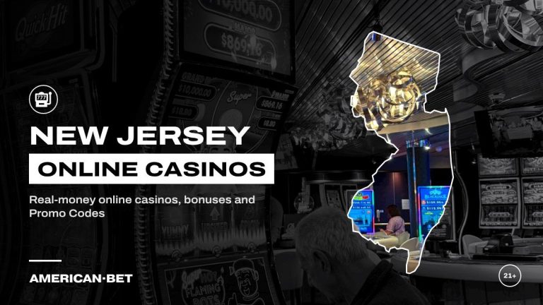 New Jersey online casinos: a player with a cocktail at a slot machine, framed by an outline map of New Jersey
