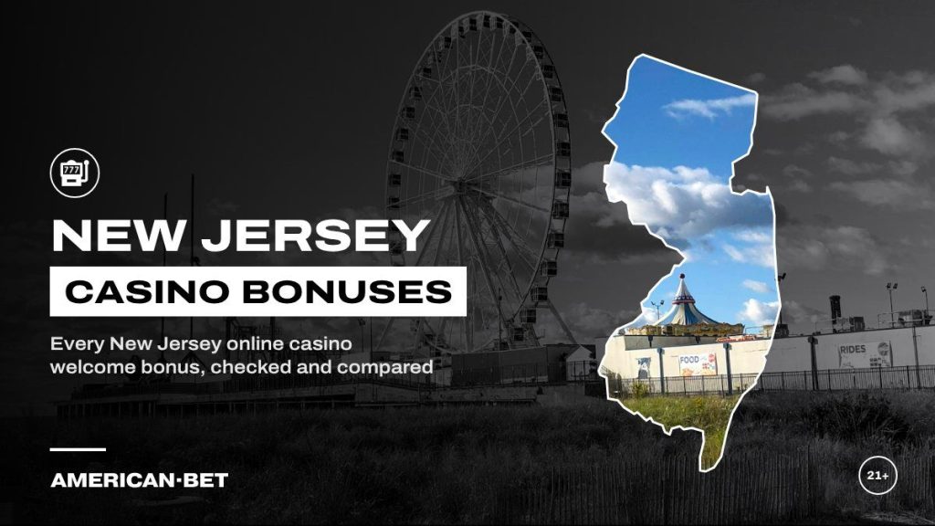 New Jersey online casino bonuses: the Ferris wheel on the Atlantic City boardwalk, framed by an outline map of New Jersey