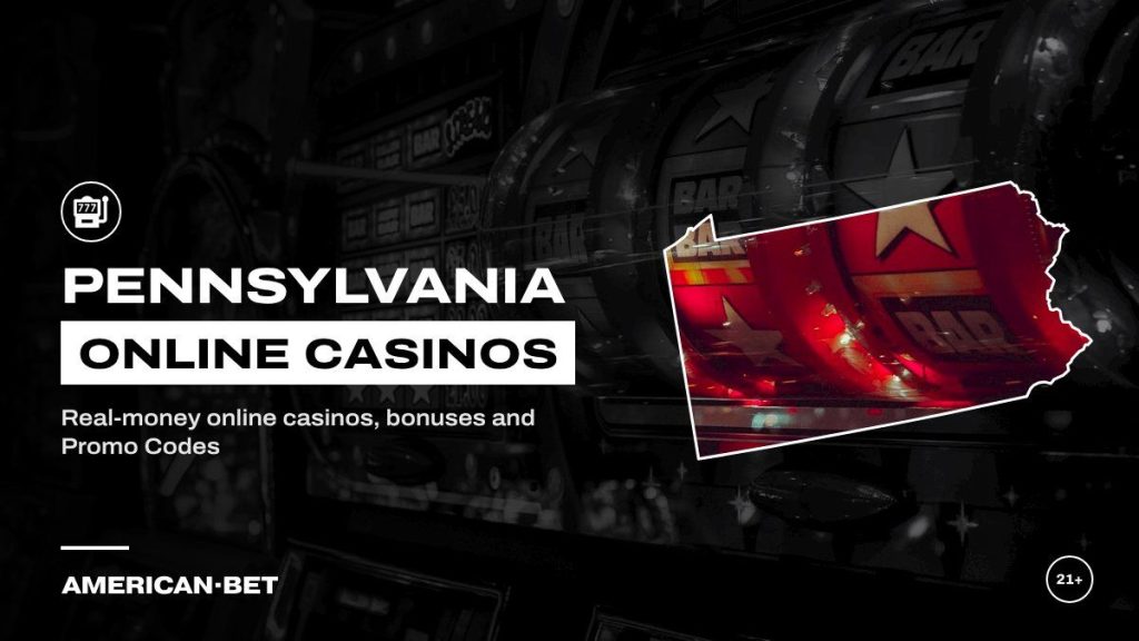 Pennsylvania online casinos: a vintage slot machine with bar and star symbols, framed by an outline map of Pennsylvania
