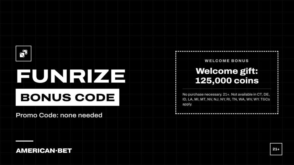 Funrize bonus code card: Welcome gift: 125,000 coins. Promo Code none needed; 21+, terms apply