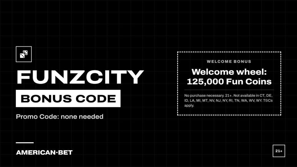 FunzCity bonus code card: Welcome wheel: 125,000 Fun Coins. Promo Code none needed; 21+, terms apply