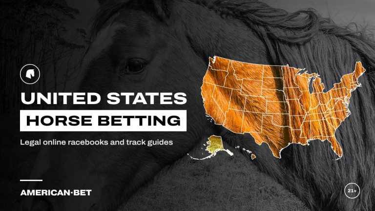 US horse racing betting sites: a chestnut horse grazing under tall trees, with an outline map of the United States