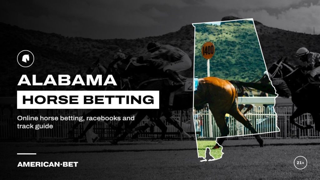 Alabama horse racing betting sites: two jockeys battling down the stretch on a turf course, framed by an outline map of Alabama