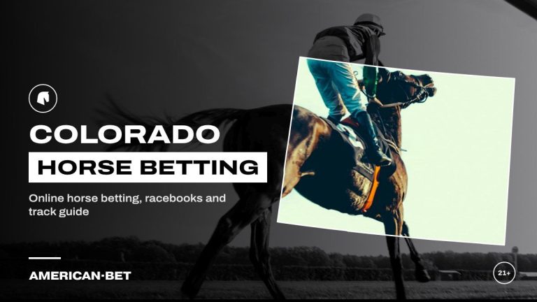 Colorado horse racing betting sites: a jockey and racehorse in full stride on turf, framed by an outline map of Colorado