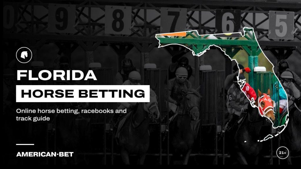 Florida horse racing betting sites: racehorses breaking from the starting gate at Tampa Bay Downs, framed by an outline map of Florida