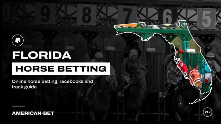 Florida horse racing betting sites: racehorses breaking from the starting gate at Tampa Bay Downs, framed by an outline map of Florida