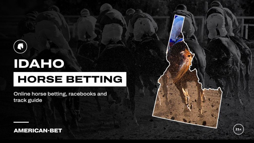 Idaho horse racing betting sites: a pack of thoroughbreds charging into the turn on dirt, framed by an outline map of Idaho