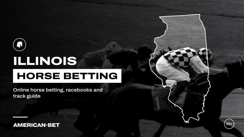 Illinois horse racing betting sites: jockeys driving racehorses to the wire, framed by an outline map of Illinois