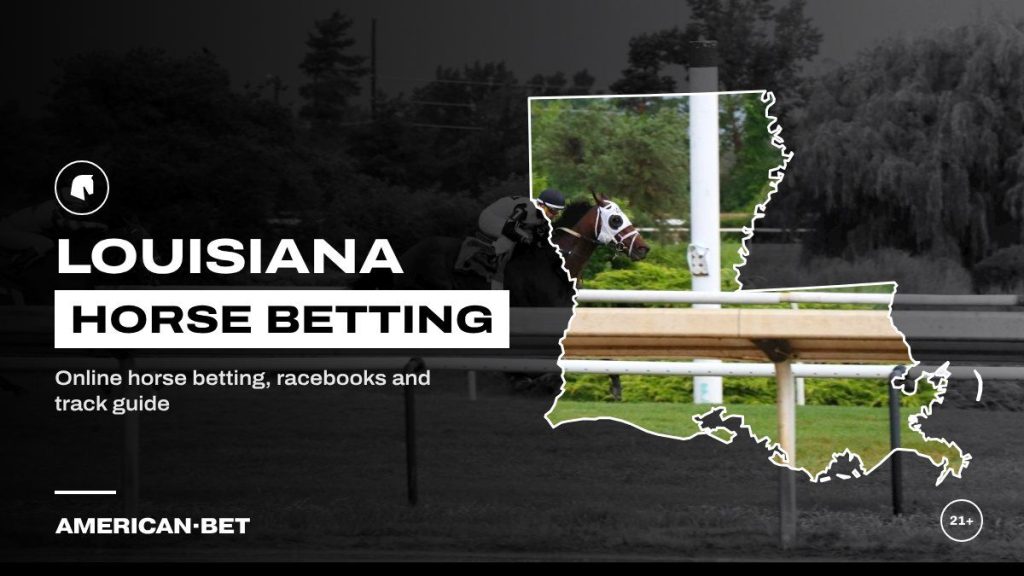 Louisiana horse racing betting sites: jockeys racing on a wet track, framed by an outline map of Louisiana