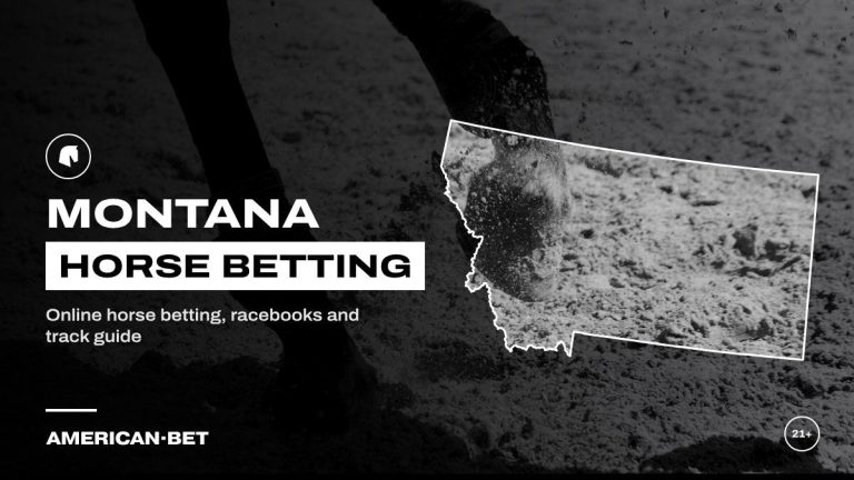Montana horse racing betting sites: hooves kicking up sand on a racetrack, framed by an outline map of Montana