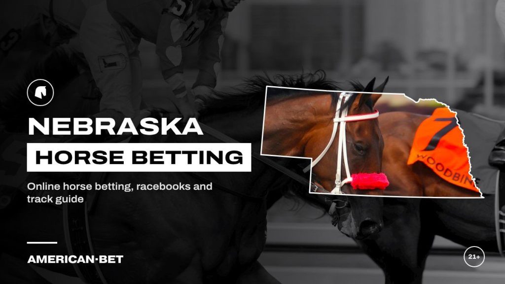 Nebraska horse racing betting sites: a jockey in red silks driving a racehorse, framed by an outline map of Nebraska