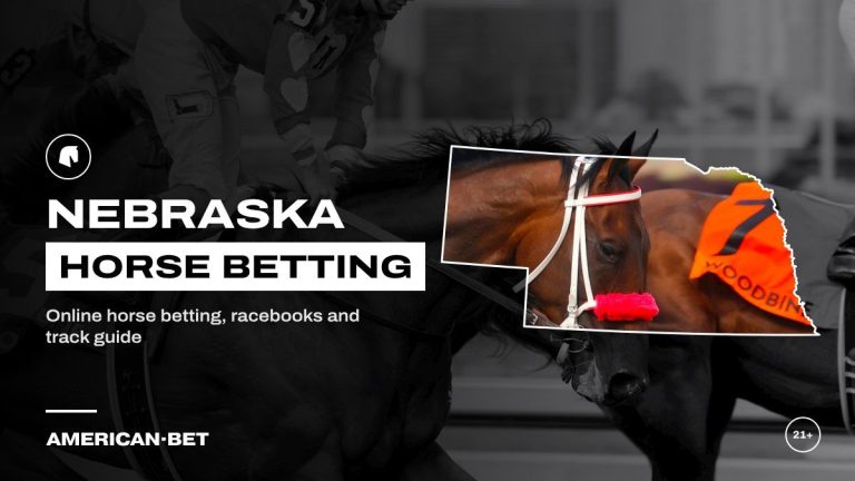 Nebraska horse racing betting sites: a jockey in red silks driving a racehorse, framed by an outline map of Nebraska