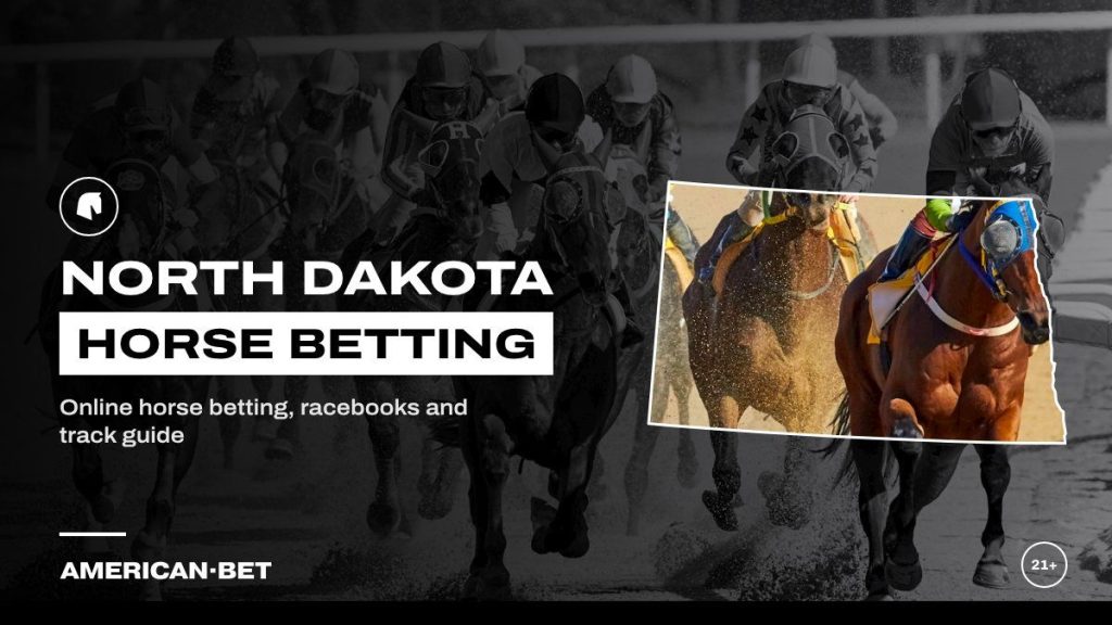 North Dakota horse racing betting sites: a pack of racehorses running head-on through the dirt, framed by an outline map of North Dakota