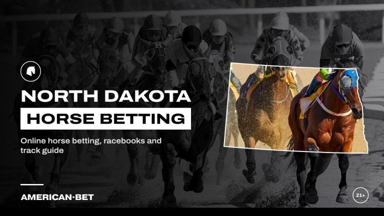 North Dakota horse racing betting sites: a pack of racehorses running head-on through the dirt, framed by an outline map of North Dakota