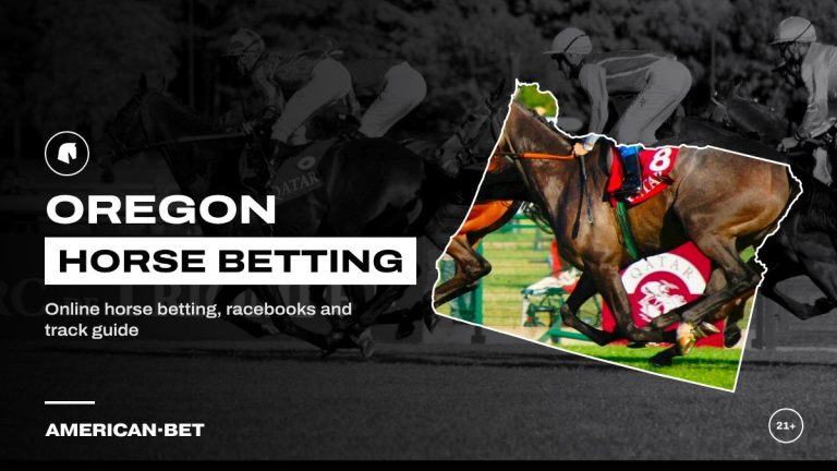 Oregon horse racing betting sites: a tight pack of racehorses on turf, framed by an outline map of Oregon