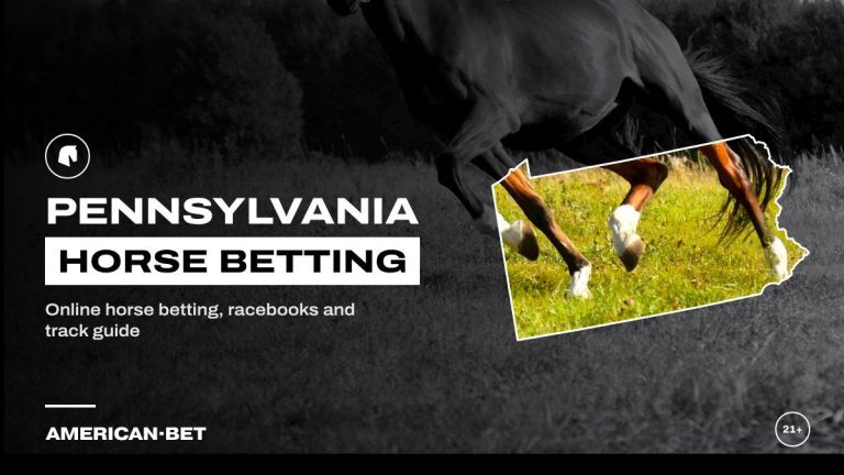 Pennsylvania horse racing betting sites: a chestnut horse galloping across a green field, framed by an outline map of Pennsylvania