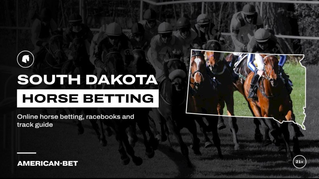 South Dakota horse racing betting sites: a big field of racehorses rounding the turf rail, framed by an outline map of South Dakota