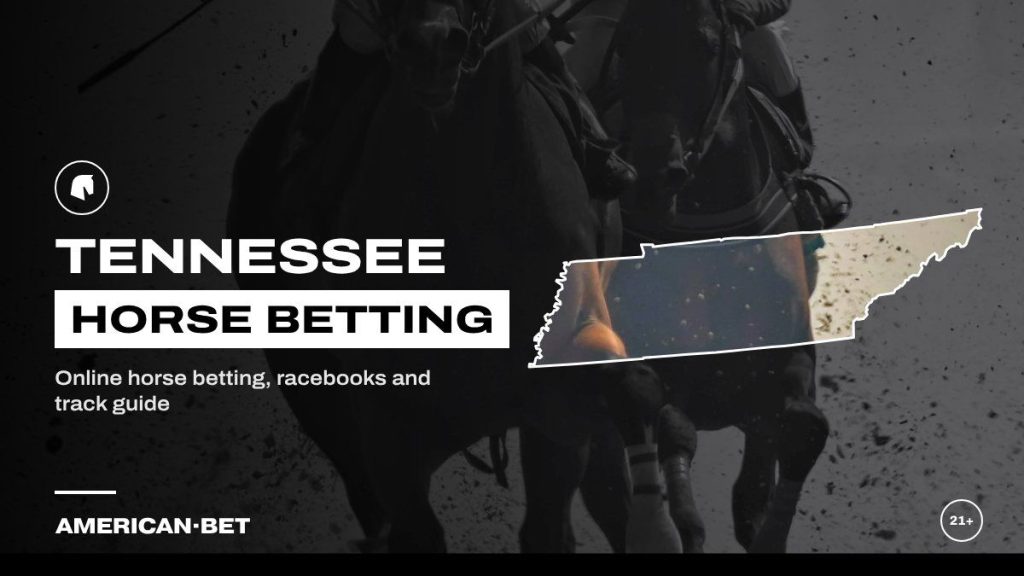 Tennessee horse racing betting sites: racehorses kicking up dirt in close-up, framed by an outline map of Tennessee