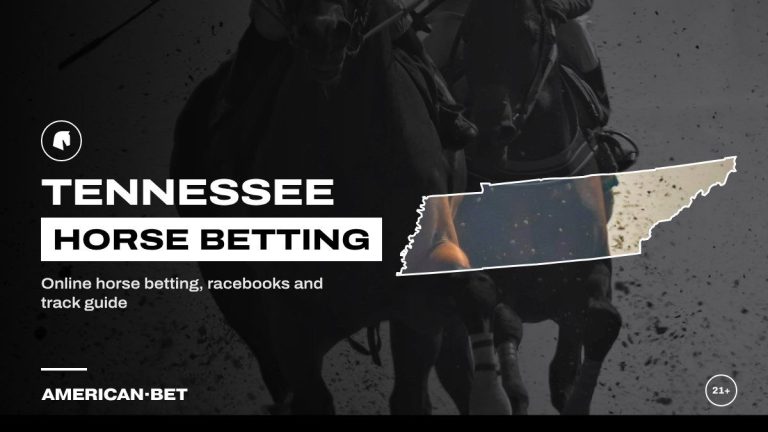 Tennessee horse racing betting sites: racehorses kicking up dirt in close-up, framed by an outline map of Tennessee