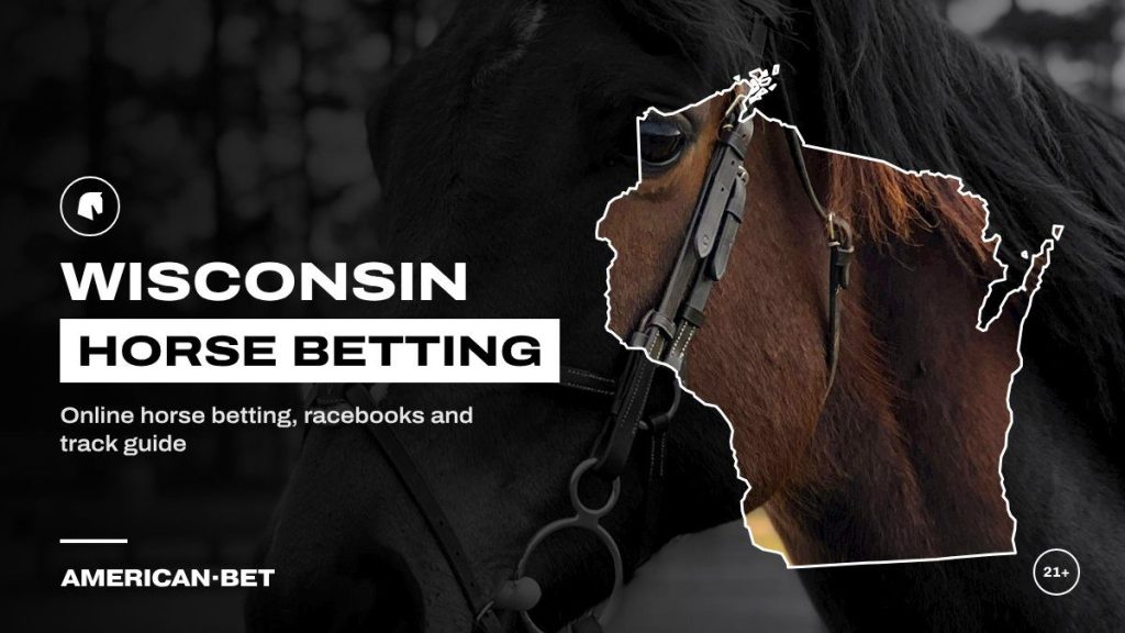 Wisconsin horse racing betting sites: a bridled bay horse in a wooded paddock, framed by an outline map of Wisconsin