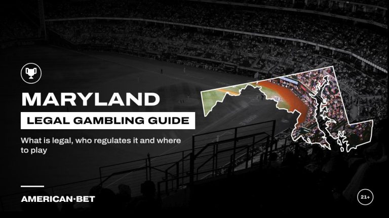 Maryland gambling laws and legal betting guide: a baseball game at night from behind home plate, framed by an outline map of Maryland