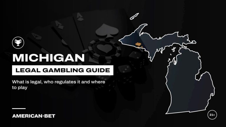 Michigan gambling laws and legal betting guide: black playing cards, chips and dice on a dark table, framed by an outline map of Michigan