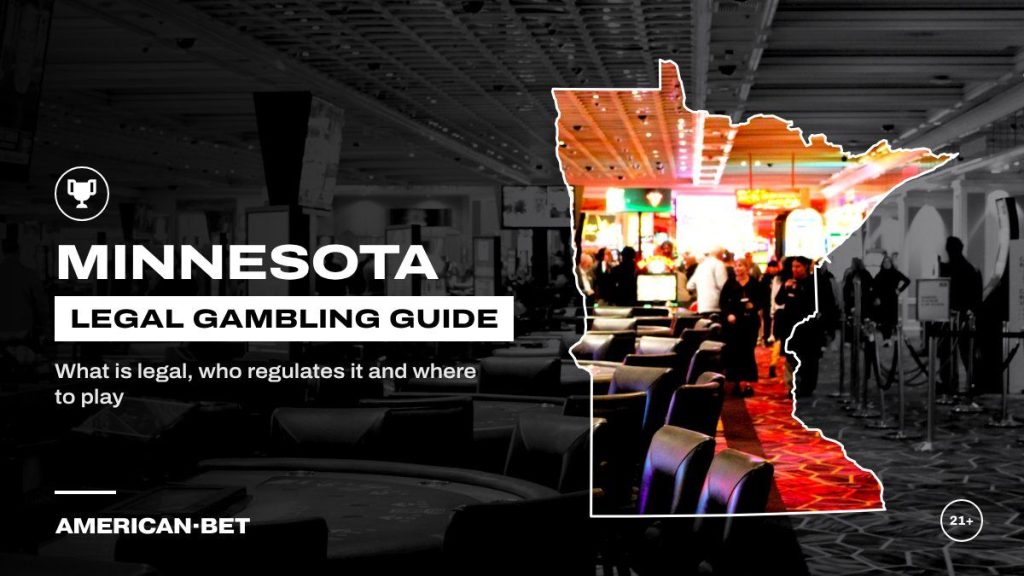 Minnesota gambling laws and legal betting guide: a busy casino gaming floor, framed by an outline map of Minnesota