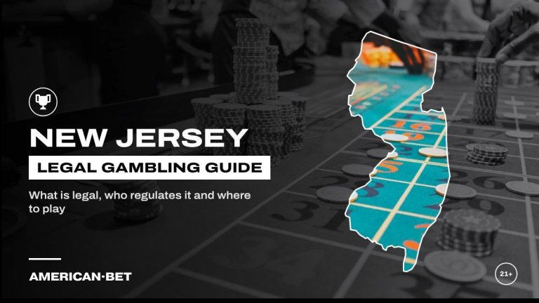 New Jersey gambling laws and legal betting guide: players stacking chips on a roulette table, framed by an outline map of New Jersey