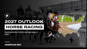 Horse Racing in 2027: jockeys and racehorses rounding a dirt track turn, inside an outline map of the United States