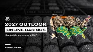 Online Casinos in 2027: racks of casino chips on a table, inside an outline map of the United States
