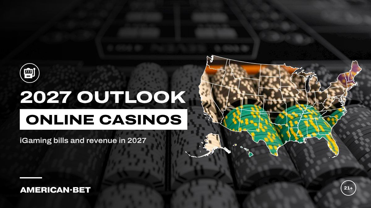 Online Casinos in 2027: racks of casino chips on a table, inside an outline map of the United States