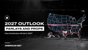 Parlays and Props in 2027: fans watching a floodlit match from the stands, inside an outline map of the United States