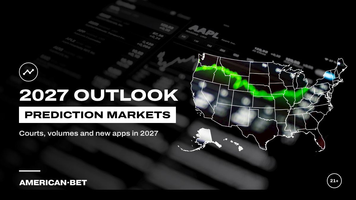 Prediction Markets in 2027: a phone screen showing live price charts, inside an outline map of the United States
