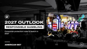 Responsible Gambling in 2027: rows of slot machines in a casino, inside an outline map of the United States