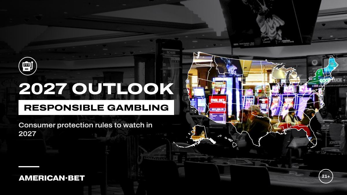 Responsible Gambling in 2027: rows of slot machines in a casino, inside an outline map of the United States