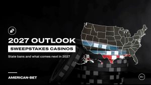 Sweepstakes Casinos in 2027: a short stack of poker chips on felt, inside an outline map of the United States