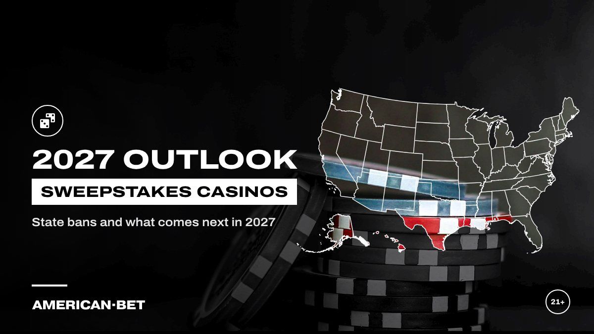 Sweepstakes Casinos in 2027: a short stack of poker chips on felt, inside an outline map of the United States