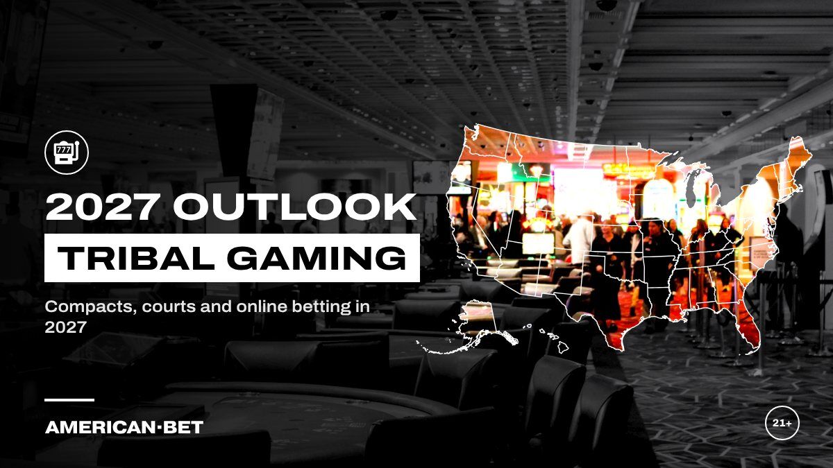 Tribal Gaming in 2027: a busy casino gaming floor, inside an outline map of the United States