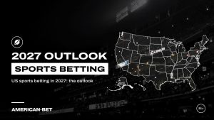 Sports Betting in 2027: a packed stadium crowd under floodlights at night, inside an outline map of the United States