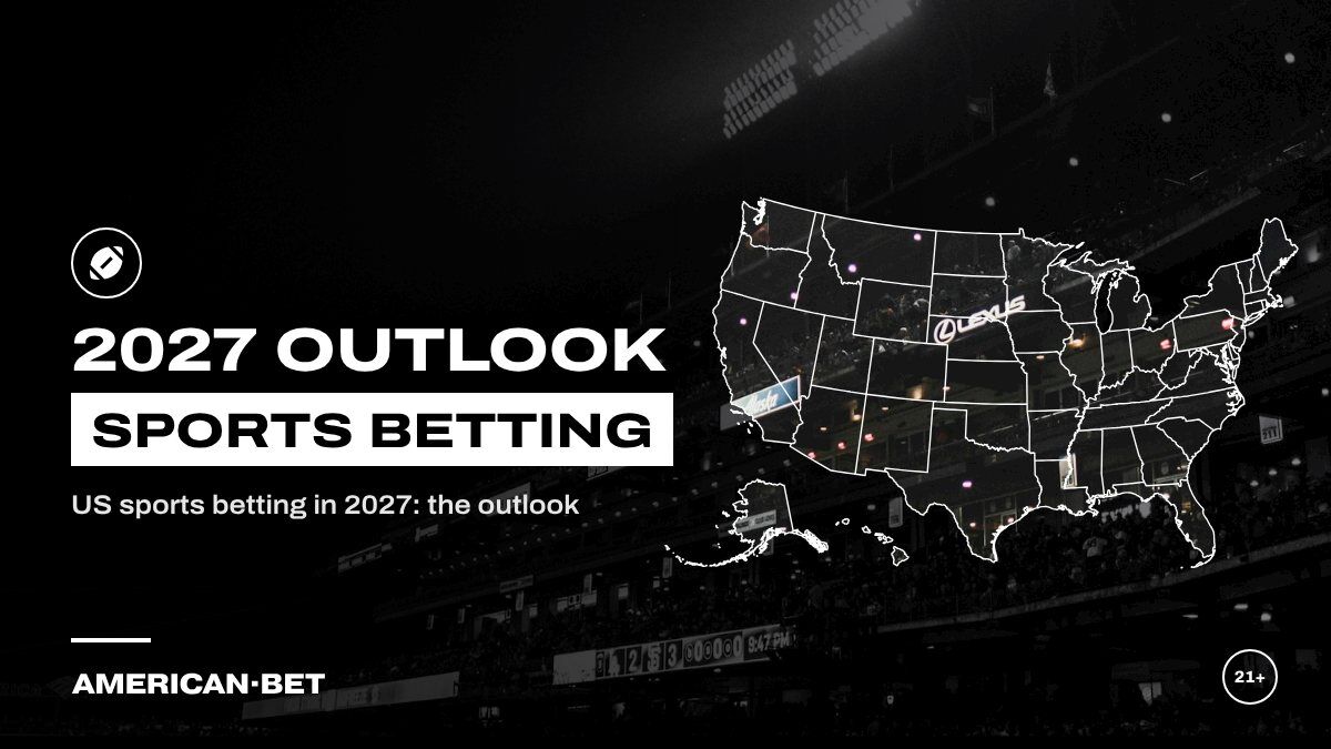 Sports Betting in 2027: a packed stadium crowd under floodlights at night, inside an outline map of the United States