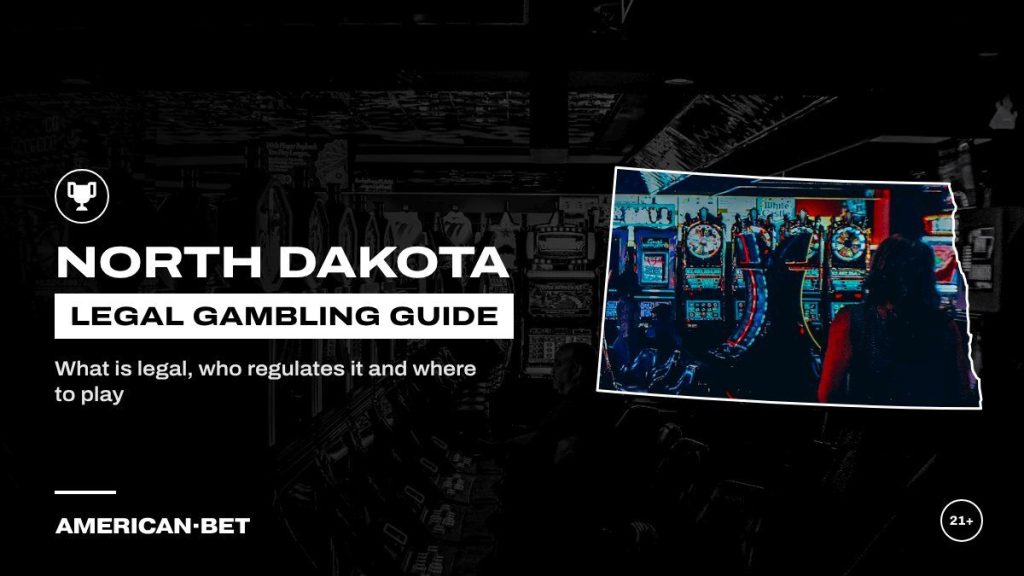 North Dakota gambling laws and legal betting guide: a dark casino lit by slot machine screens, framed by an outline map of North Dakota