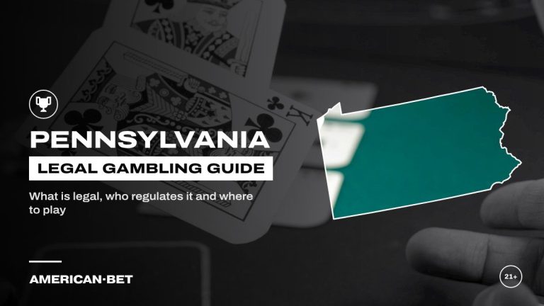 Pennsylvania gambling laws and legal betting guide: a poker hand being dealt on green felt, framed by an outline map of Pennsylvania