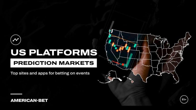 US prediction market platforms: a trader holding a phone with a live price chart, inside an outline map of the United States