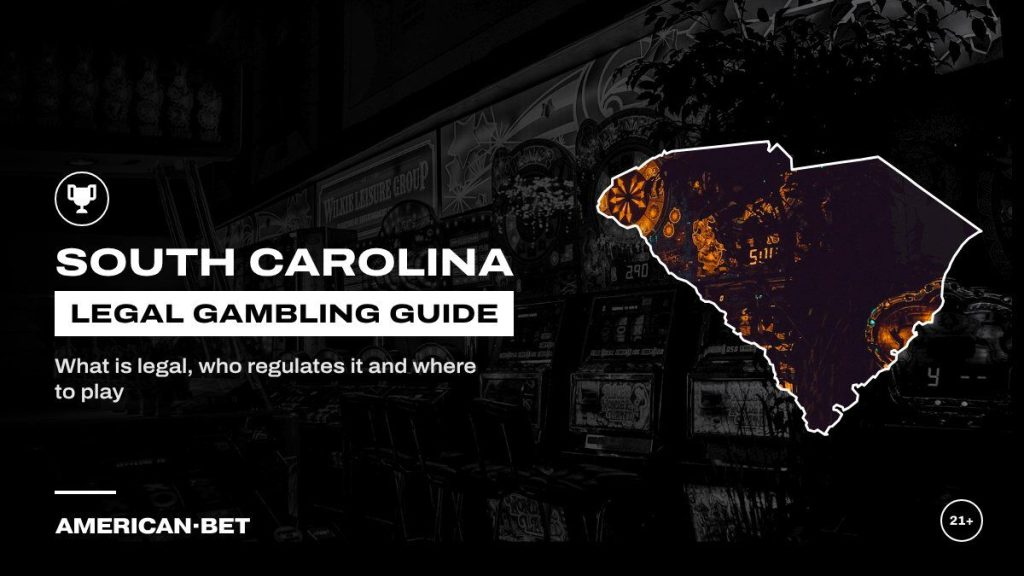 South Carolina gambling laws and legal betting guide: a row of lit-up gaming machines, framed by an outline map of South Carolina
